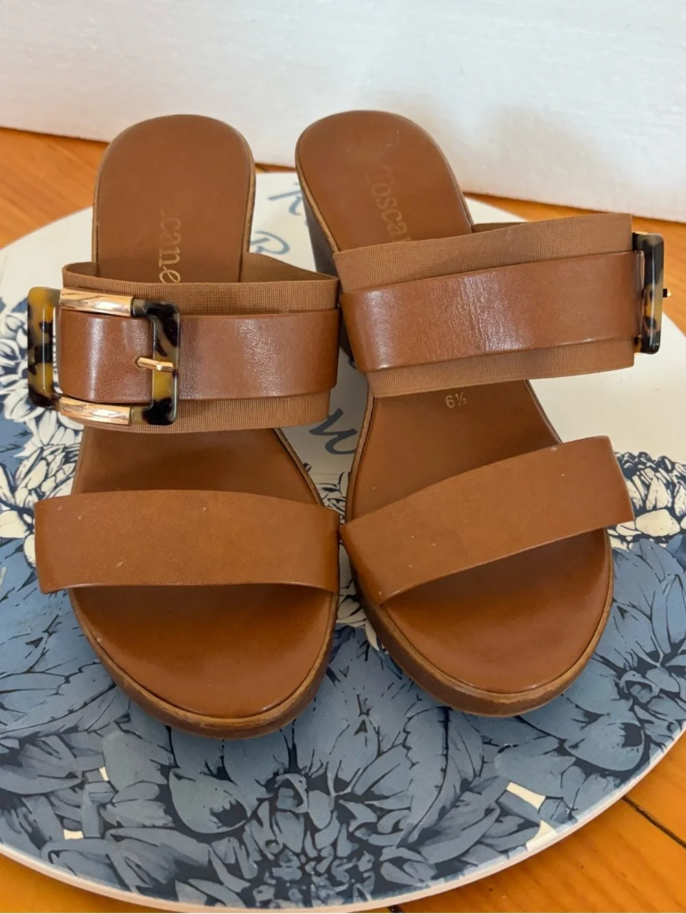 Toscanella Brown Leather Wedge Sandals Size 6.5 Made in Italy
